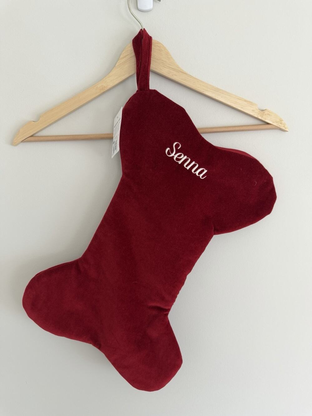 Pottery Barn Classic Velvet Bone Pet Christmas Stocking Red Monogram “Senna” OB